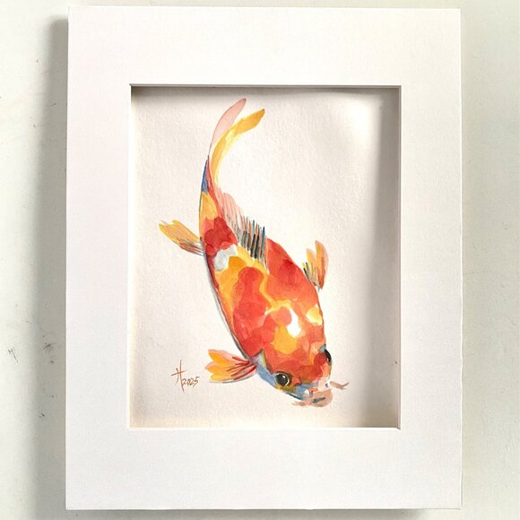 Curious Koi Original Watercolor Wall Art Painting 11x14in Matted Frame Ready - Picture 3 of 9